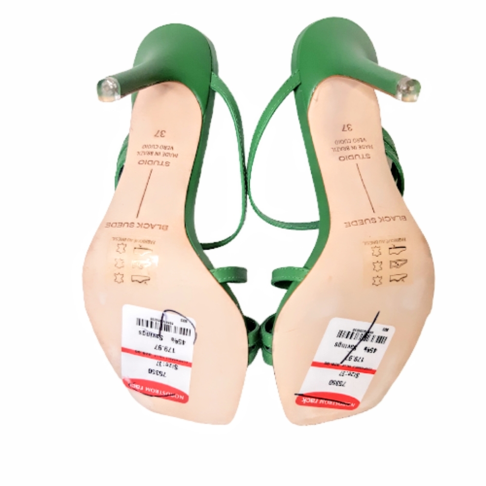 Black Suede Studio Cindy Stiletto Strappy  Mule Sandal Green Leather Toe Loop - Picture 9 of 10